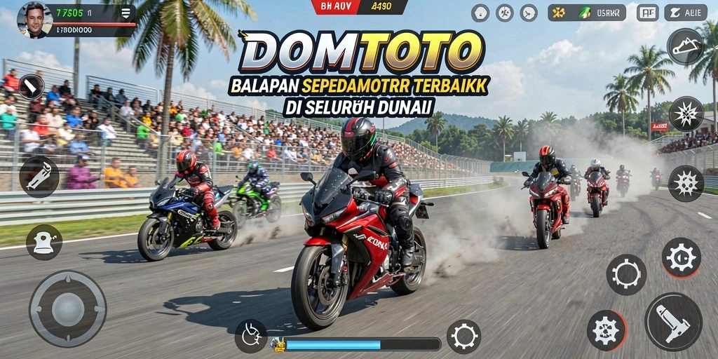 Tangkapan layar gameplay DOMTOTO dengan balapan sepeda motor yang mendebarkan.
