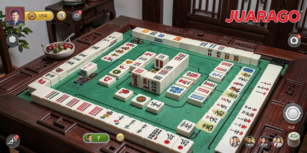 Tangkapan layar gameplay JUARAGO yang menunjukkan tingkat kesenangan Mahjong.