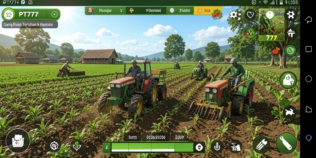 Tampilan gameplay PT777 menampilkan berbagai tanaman hijau dan ladang yang luas.